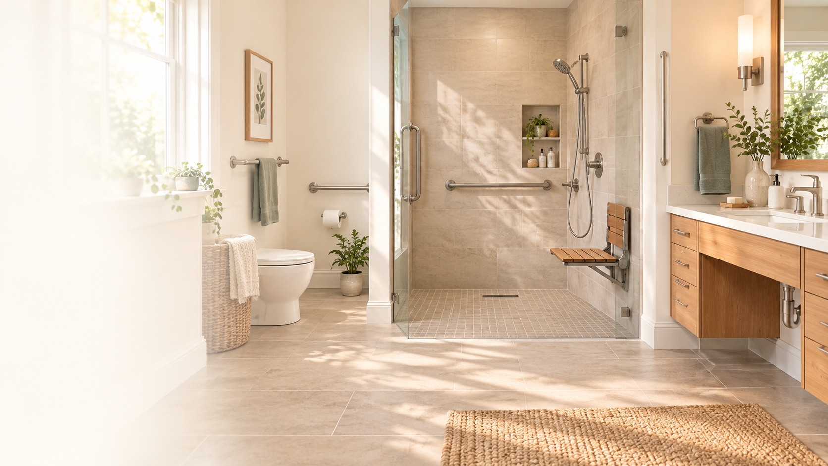 Accessible bathroom with a low-threshold shower, grab bars, shower seat and accessible sink