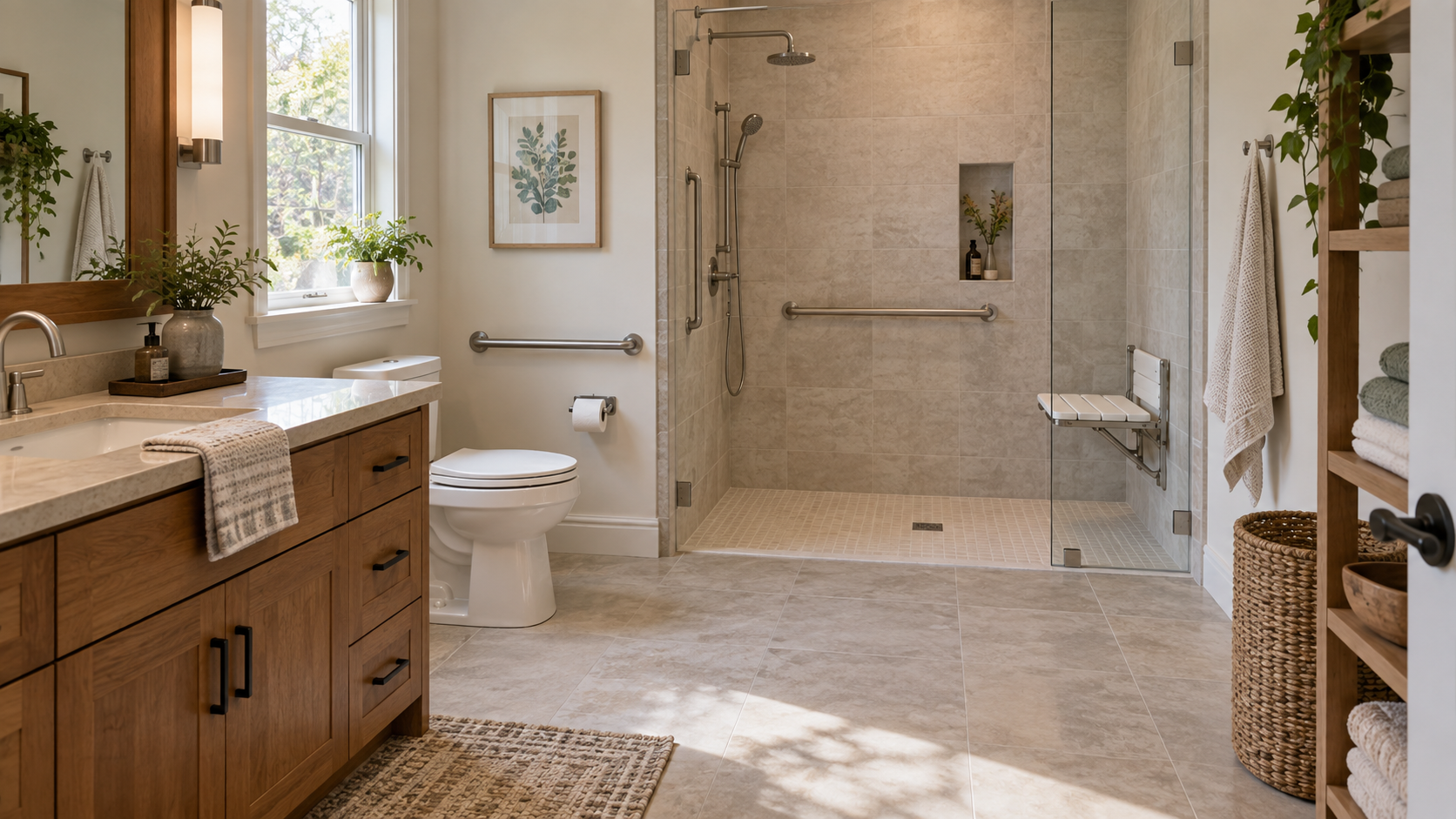 Warm residential bathroom with a step-free shower, grab bars, fold-down shower seat and clear floor space for safer access.