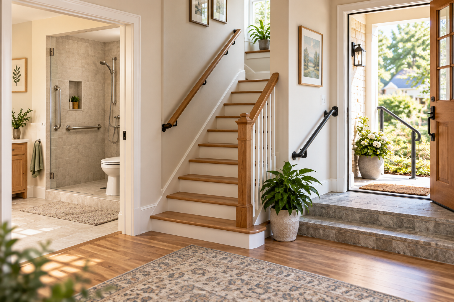 Accessible home entrance with bathroom grab bars, stair handrails and an exterior entry rail
