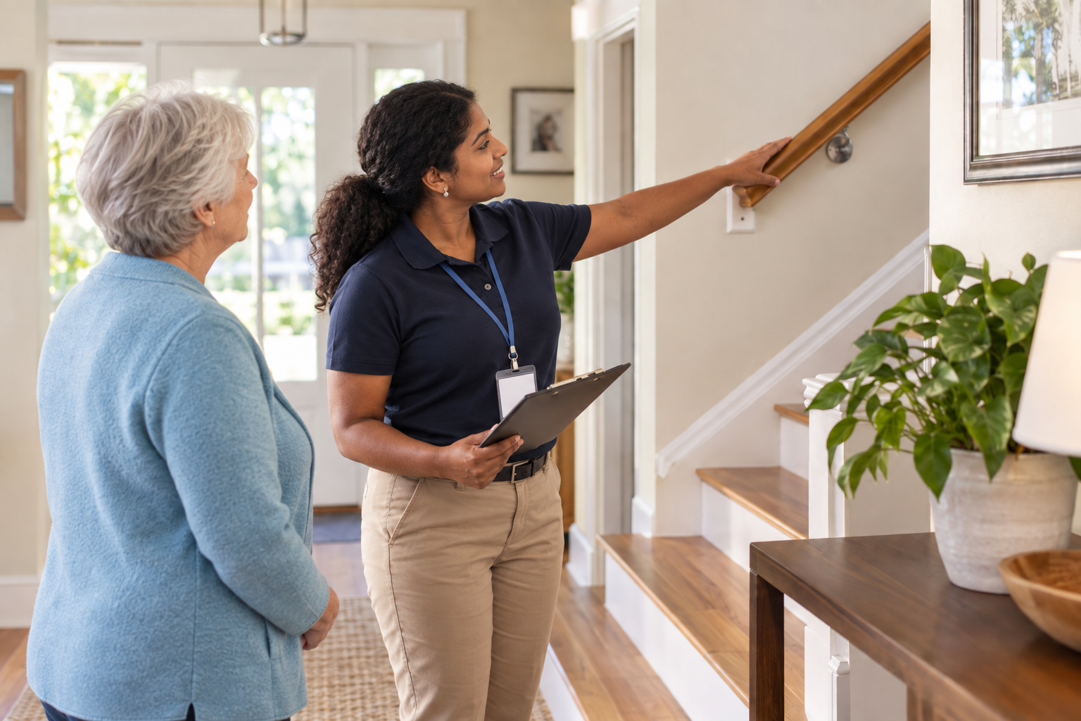 Home safety assessor reviewing stair handrails with an older homeowner