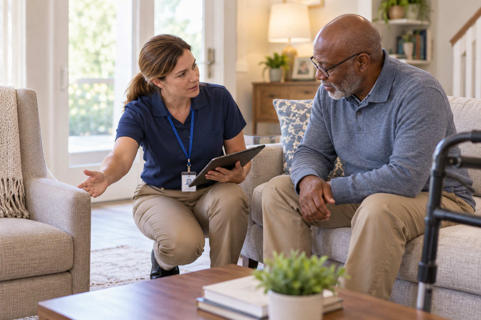 Occupational therapist discussing home safety and daily living needs with an older man in his living room