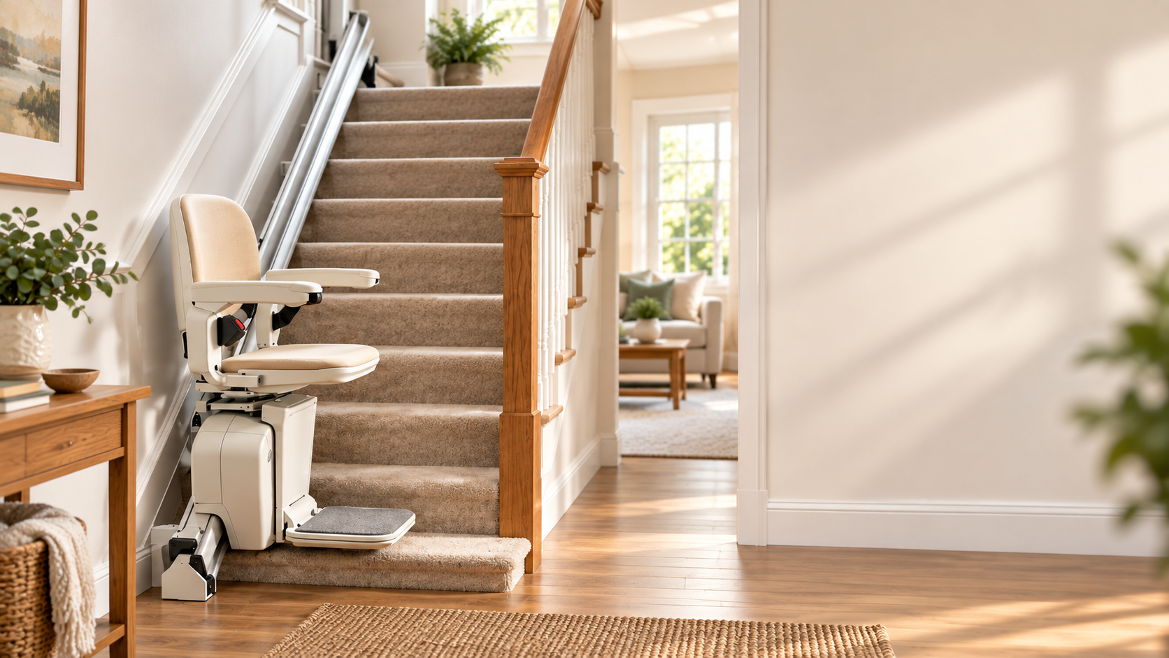 Stairlift installed on a carpeted staircase in a residential home