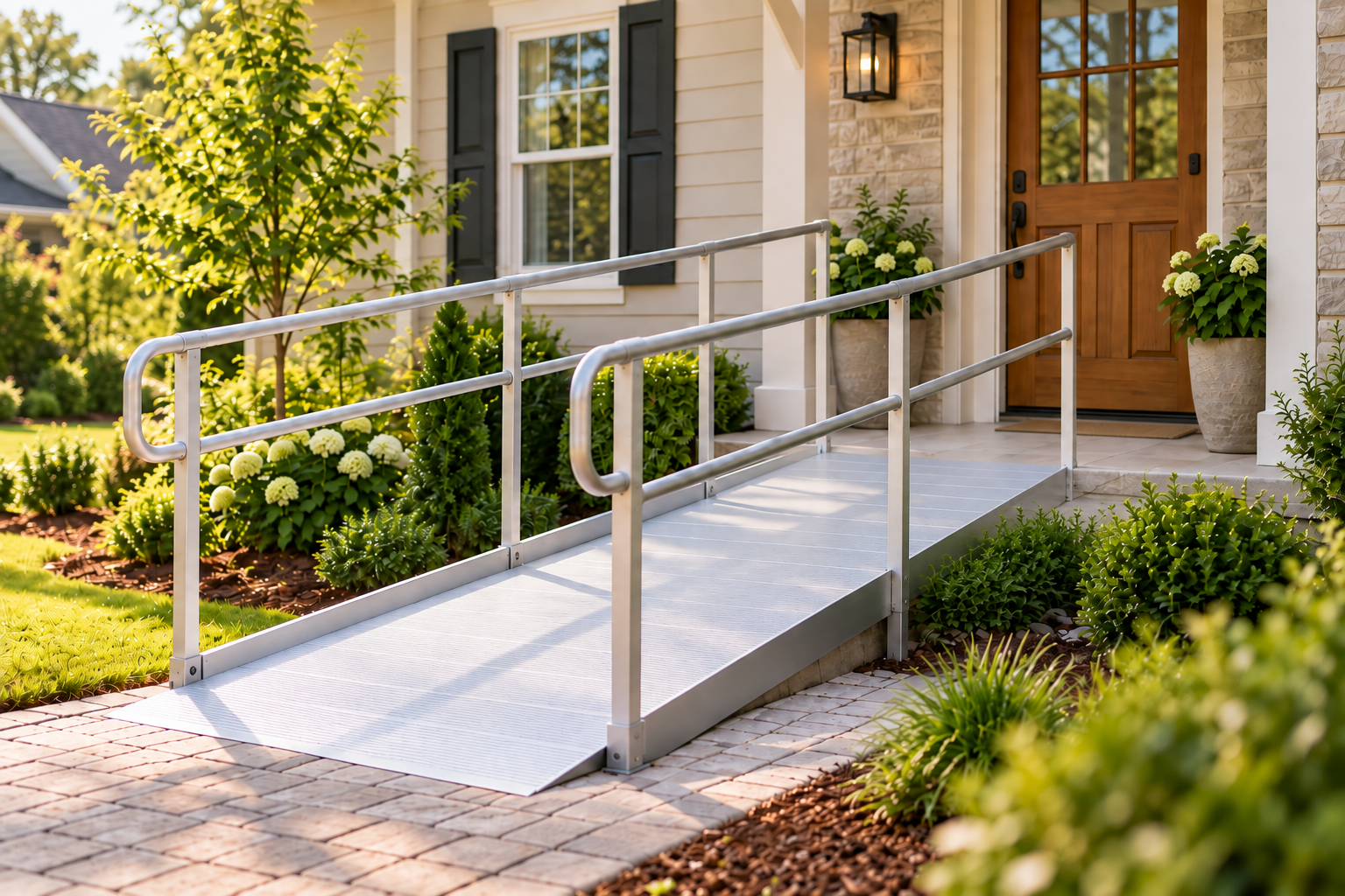 Wheelchair ramp with handrails providing step-free access to a residential front entrance